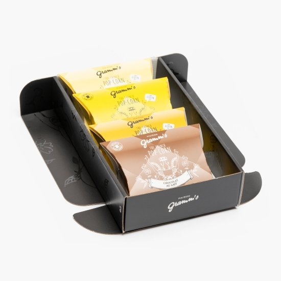 Cutie cadou 4 pliculețe popcorn cu ciocolată lapte 120g