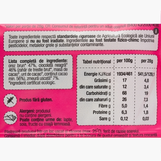 Snack Sănățele eco cu ciocolată neagră și zmeură, fără gluten 28g