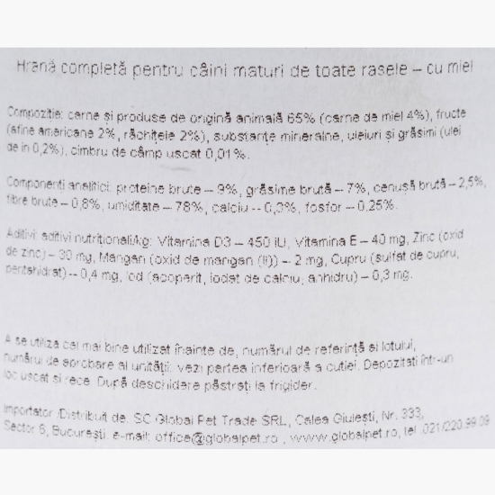 Hrană umedă pentru câini adulți, cu miel, afine și merișoare 400g