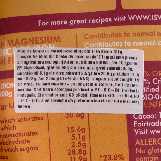 Miez de boabe de cacao eco și fairtrade 125g