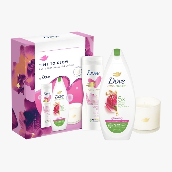 Set cadou: gel de duș Glowing 225ml + loțiune de corp Glowing Care 250ml + lumânare parfumată
