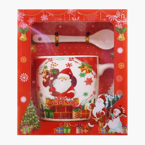 Set cană ceramică cu linguriță, model Moș Crăciun