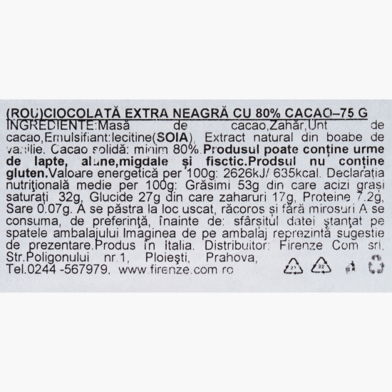 Ciocolată neagră, 80% cacao, 75g