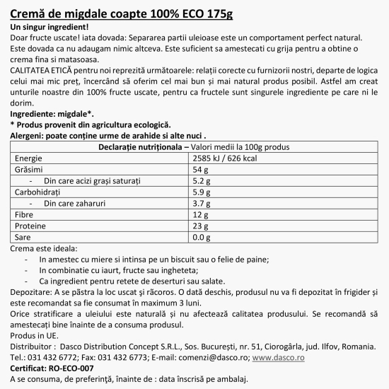 Cremă eco de migdale uscate și coapte 175g
