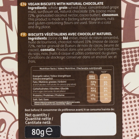 Biscuiți vegani cu ciocolată naturală, fără zahăr adăugat 80g