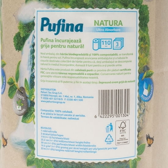 Prosop de hârtie Natura ultra absorbant 3 straturi, 1 rolă/set, 110 foi, 33m