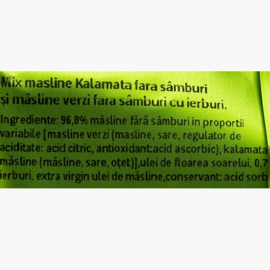 Mix măsline Kalamata fără sâmburi și măsline verzi fără sâmburi, cu ierburi 70g