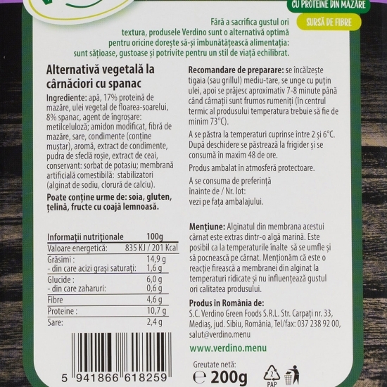 Cârnați vegetali Bratwurst cu spanac 200g