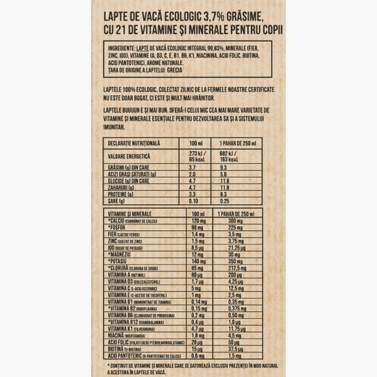 Lapte ecologic 21 vitamine și minerale pentru copii, 3.7% grăsime, 1l