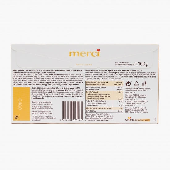 Tablete de ciocolată amăruie cu migdale și suc concentrat de portocale 100g, 4 buc