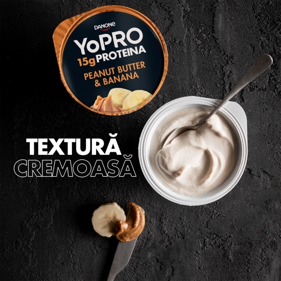 Produs lactat fermentat cu banane și gust de cremă de arahide, cu îndulcitori, bogat în proteine, 0.1% grăsime, 160g