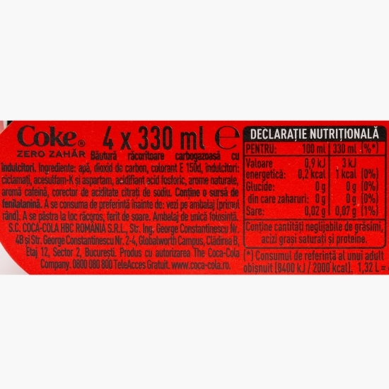 Băutură carbogazoasă cola zero zahăr doză 4x0.33l
