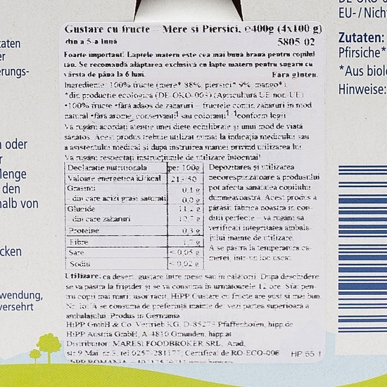 Gustare eco cu fructe–mere și piersici, +4 luni, 4x100g