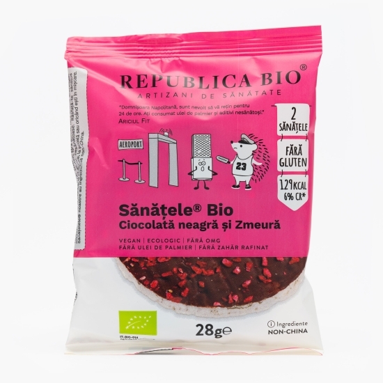 Snack Sănățele eco cu ciocolată neagră și zmeură, fără gluten 28g