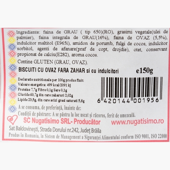 Biscuiți cu ovăz, fără zahăr 150g
