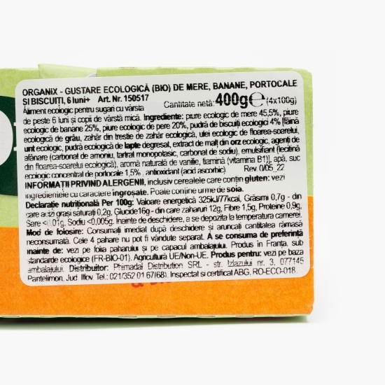 Gustare ecologică de mere, banane, portocale și biscuiți 6+ luni 400g