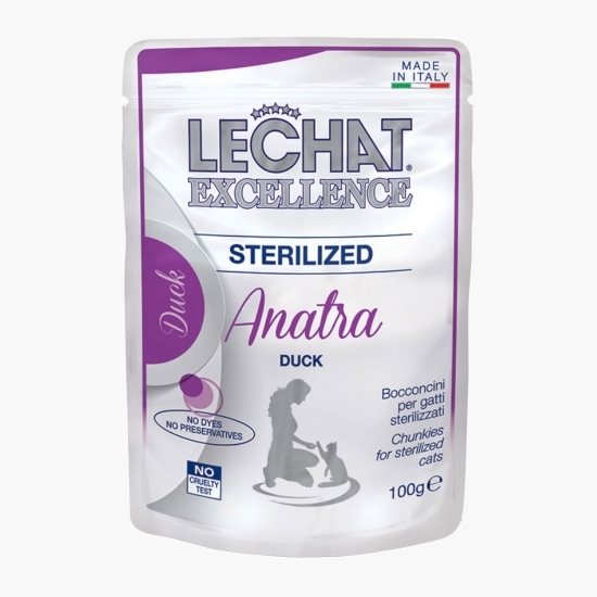 Plic hrană umedă completă pentru pisici sterilizate, cu rață, 100g