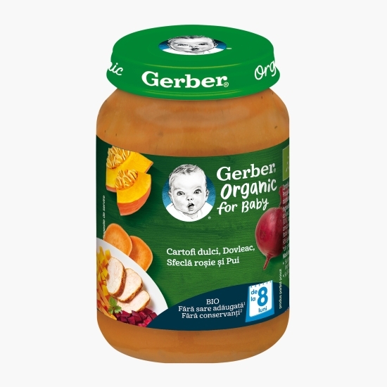 Piure ecologic de cartofi dulci, dovleac, sfeclă roșie și pui, +8 luni, 190g