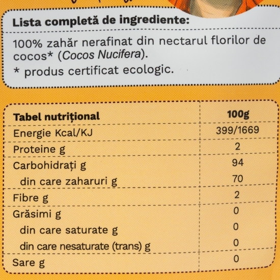 Zahăr din nectar de cocos ecologic, nerafinat 200g
