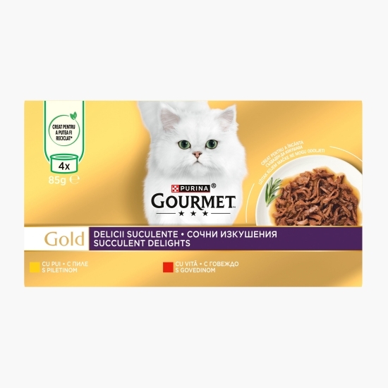 Hrană umedă pentru pisici Gourmet Gold Succulent Delights, 4x85g, mix de arome (pui și vită)