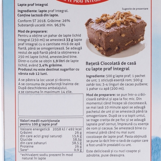 Lapte praf integral 26% grăsime, 250g