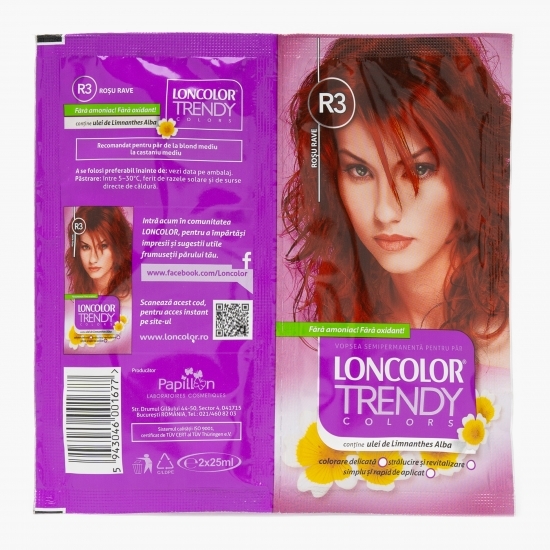Vopsea semipermanentă pentru păr R3 roșu Rave plicuri 2x25ml
