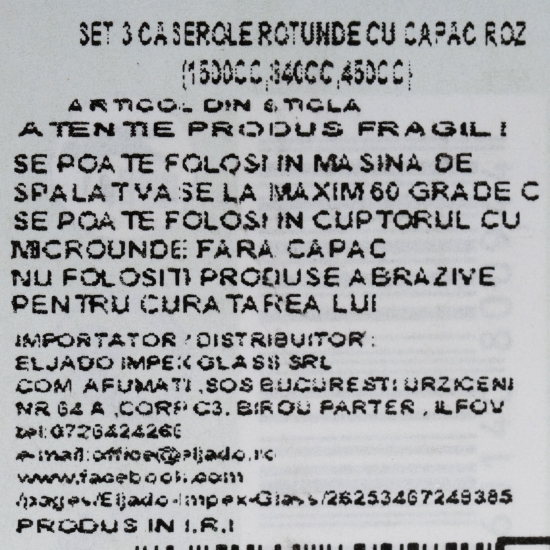 Set 3 caserole rotunde din sticlă, 450/840/1500ml