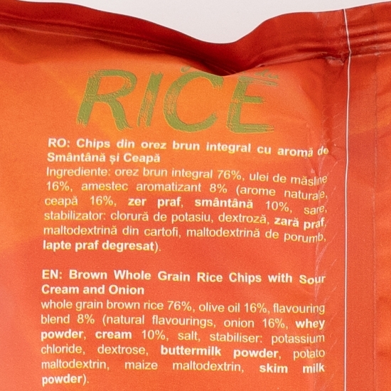 Chipsuri din orez brun integral cu aromă de smântână și ceapă 50g