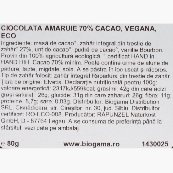 Ciocolată amăruie eco vegană 70% cacao, 80g
