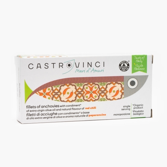 File de anșoa în ulei extravirgin de măsline și aromă naturală de ardei iute roșu, eco, 48g