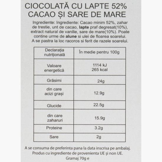 Ciocolată cu lapte și sare de mare, 52% cacao, 70g