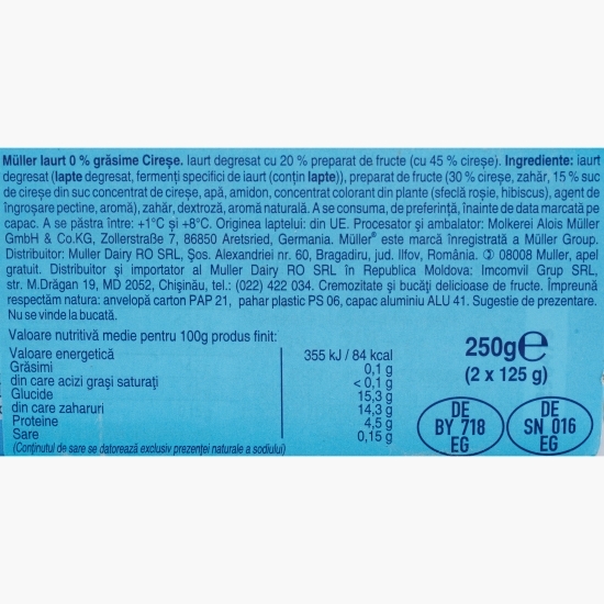 Iaurt 0% grăsime, cu cireșe, 2x125g