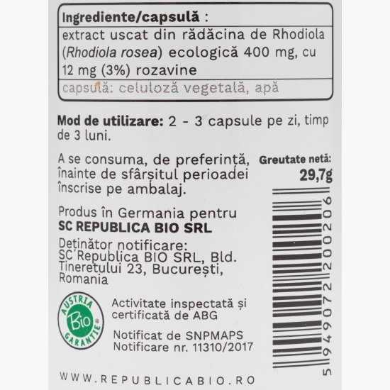 Rhodiola ecologică extract 3% 400mg, 60 capsule vegetale