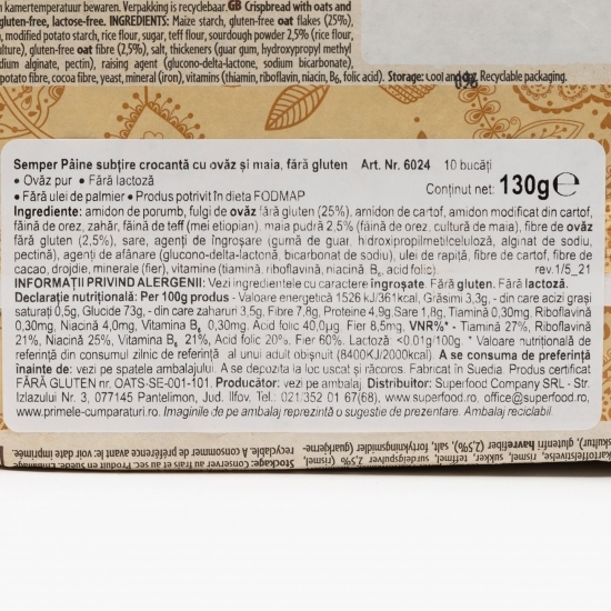 Pâine subțire crocantă cu ovăz și maia, fără gluten 130g