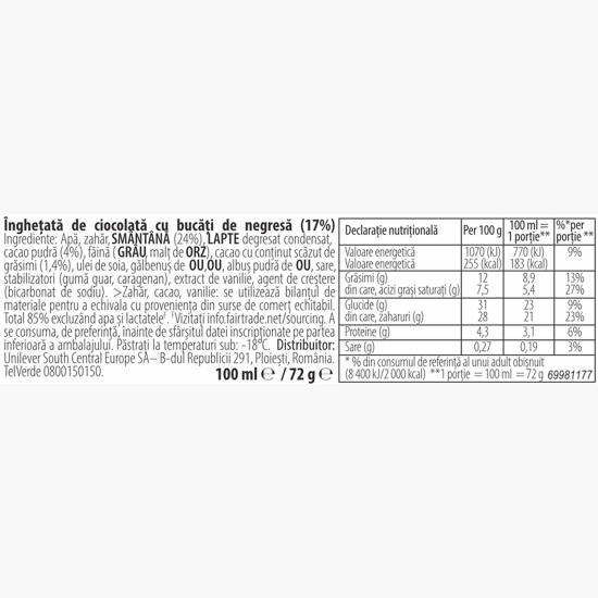 Înghețată cu cacao şi cu bucăţele de negresă 100ml