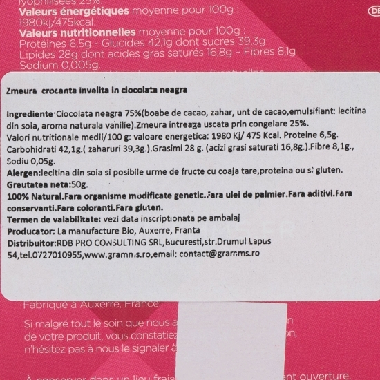 Zmeură liofilizată învelită în ciocolată neagră 50g