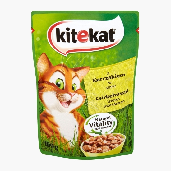 Hrană umedă pentru pisici adulte, 100g, bucățele de pui în sos 