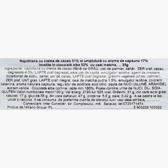 Napolitană cu cacao, căpșuni în ciocolata albă și ceai matcha, 35g