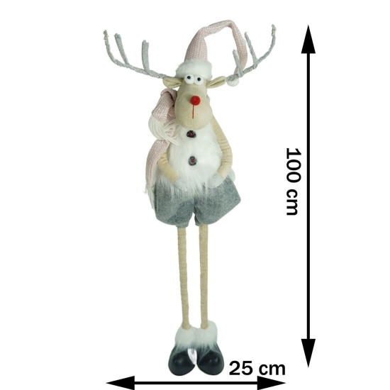 Ornament de Crăciun ren cu picioare telescopice, gri/alb, textil, 100cm