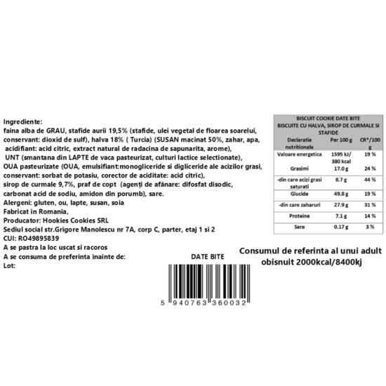 Cookie-biscuit cu halva, sirop de curmale și stafide Date Bite 50g