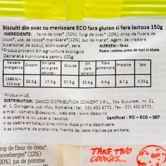 Biscuiți eco din ovăz cu merișoare fără gluten și fără lactoză 150g