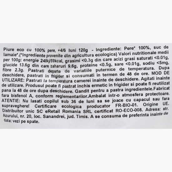 Piure eco cu 100% pere, +4/6 luni, 120g