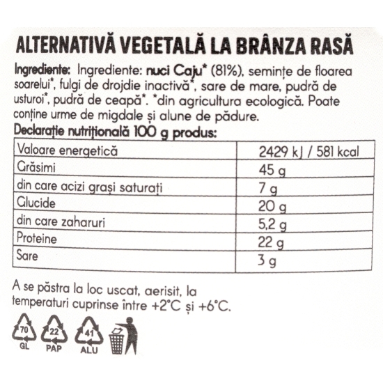 Alternativă vegetală la brânză rasă 100g