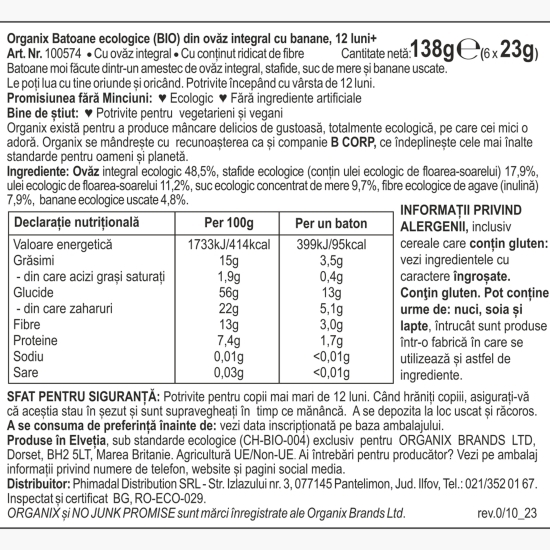Batoane ecologice din ovăz integral cu banane, 6x23g, 12+ luni