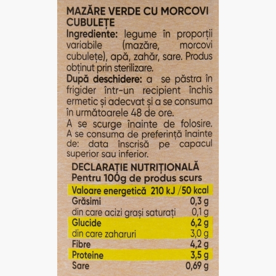 Mazăre verde cu morcovi cubulețe 800g