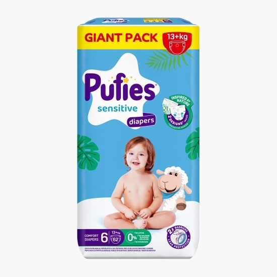 Scutece Sensitive Extra Large, mărimea 6, 13+ kg, 62 buc