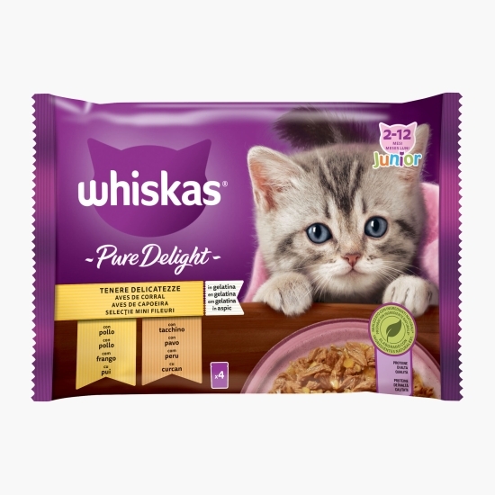 Hrană umedă pentru pisici junior, 4 x 85g, Pure Delight cu carne de pasăre în aspic
