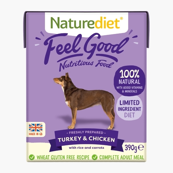 Hrană umedă pentru câini, pate, 390g, Feel Good cu curcan, pui, orez și morcov