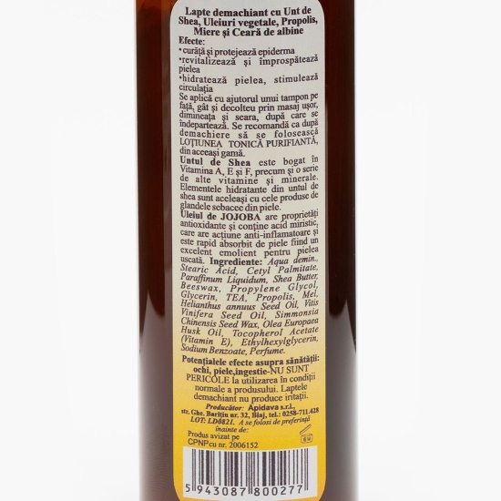 Lapte demachiant cu unt de Shea, uleiuri vegetale, propolis, miere și ceară de albine 200ml
