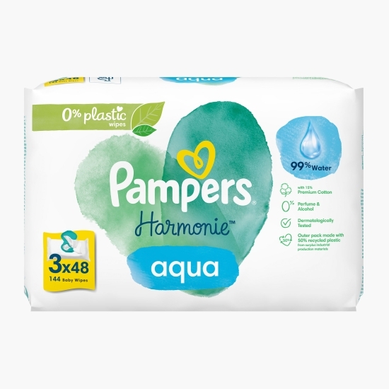 Șervețele umede Harmonie Aqua, 3 pachete x 48, 144 buc, 0% plastic